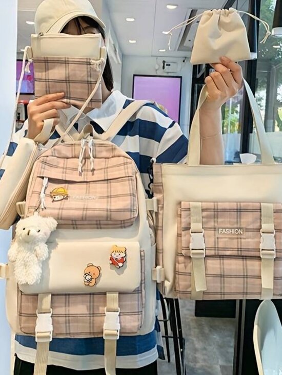 Large Capacity Cartoon Canvas Five Piece School Bag Set with Cosmetic Bag, main image 5